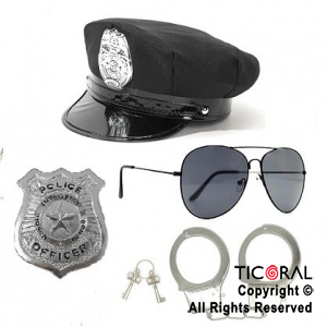 SET DISFRAZ POLICIA ECO SOMBRERO ANTEOJO PLACA ESPOSAS x 1